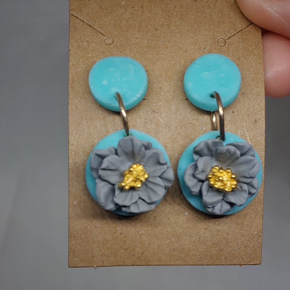 Handcrafted Floral Earrings - Turquoise and Gray